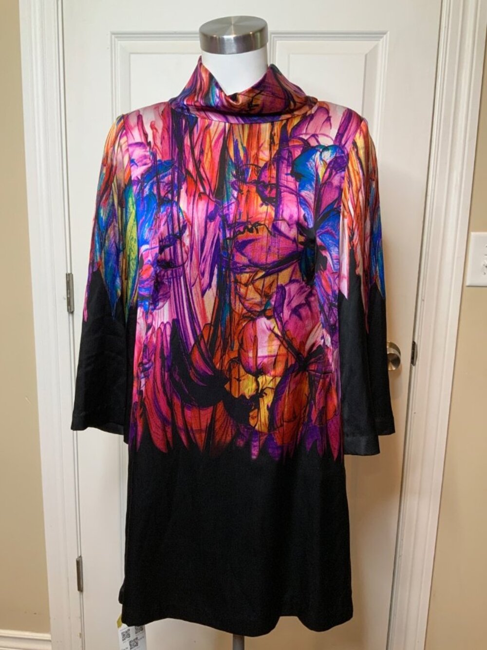 Alberto Makali Bright Abstract Print 100% Silk Cowl Neck Shift Dress, Size 10
